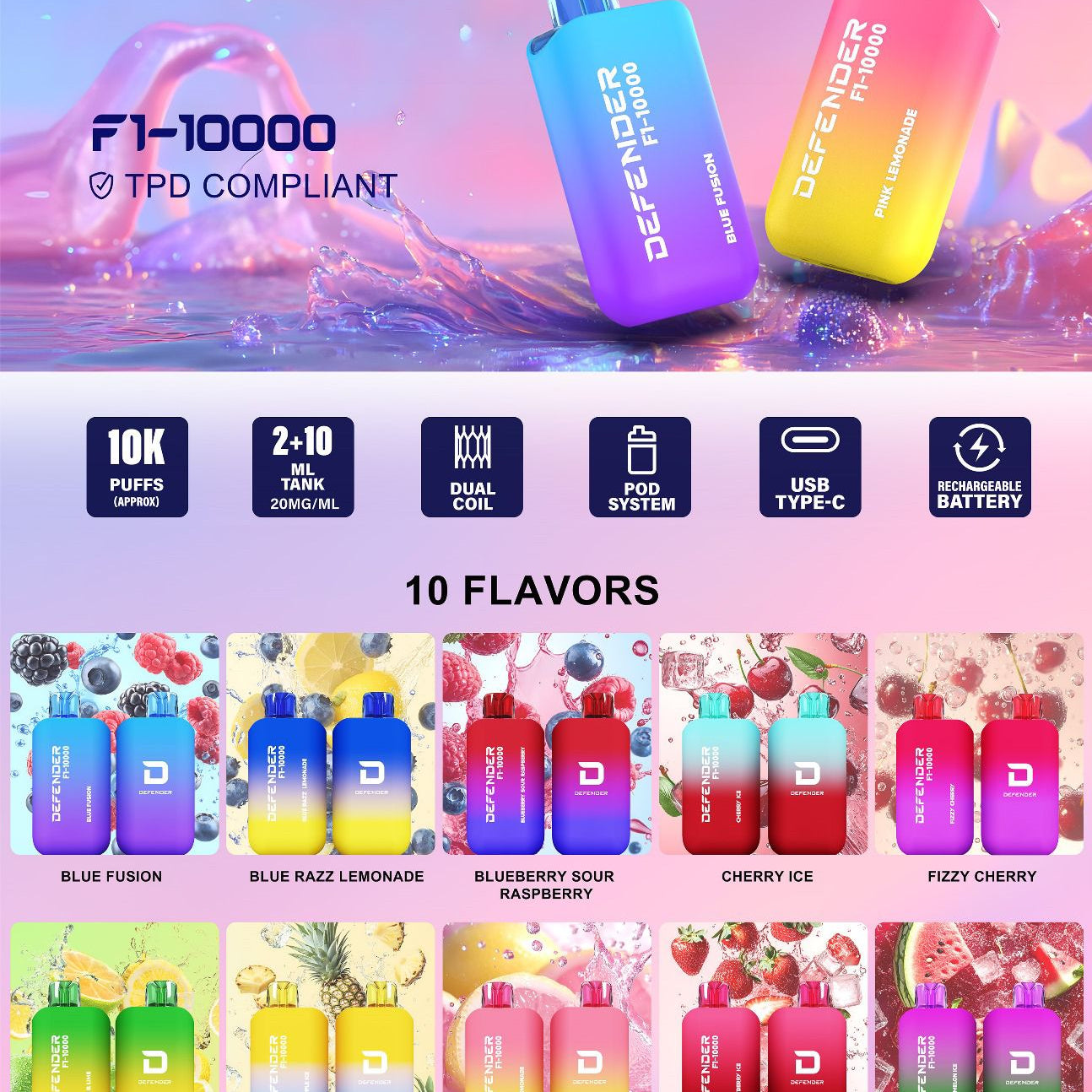 Defender F1 - 10000 Prefilled Pod Vape Kit ( Box of 5 ) - Blue Fusion - vapeukwholesale