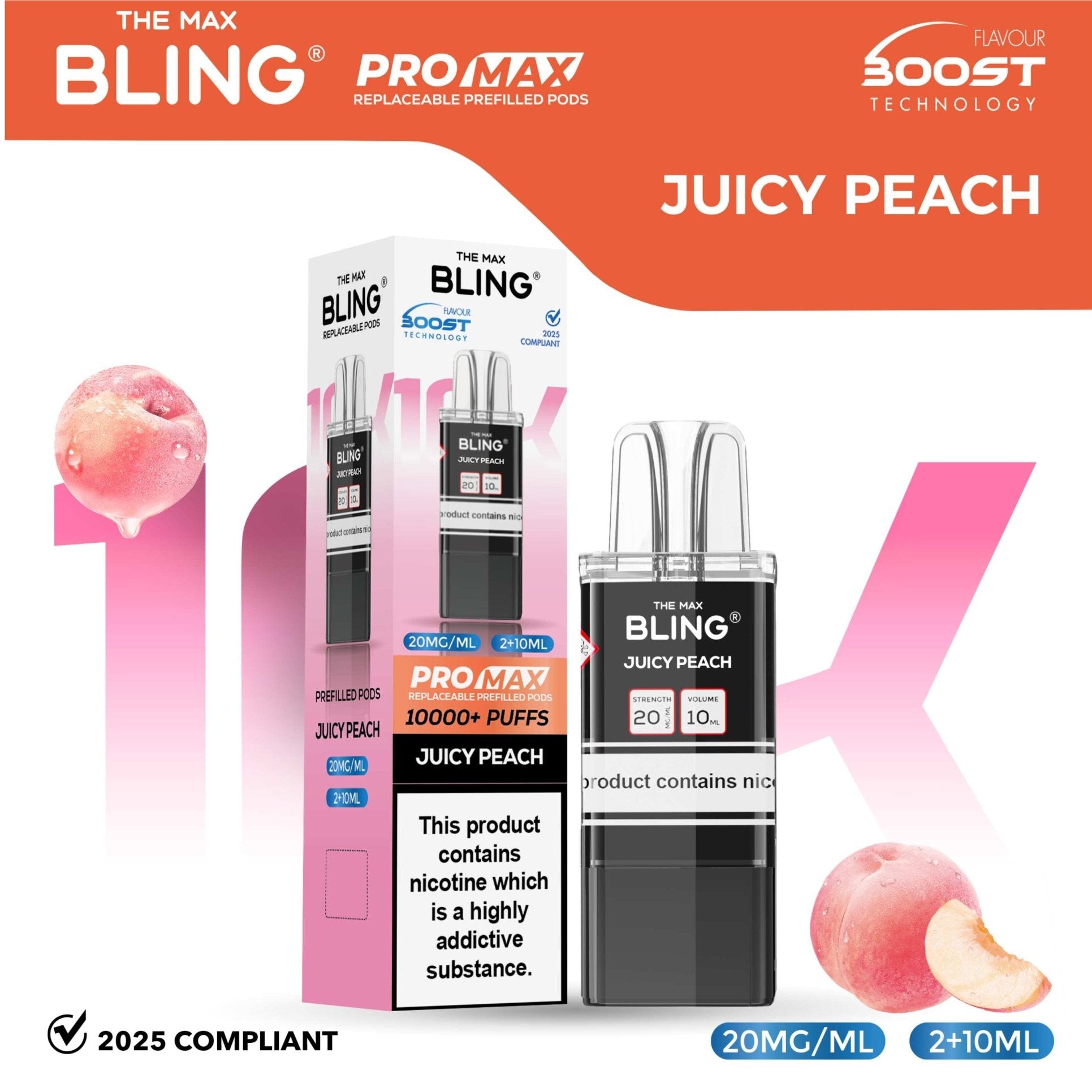 bulk wholesale The Bling 10k Pro Max Replacement Pods (BOX OF 5) - Juicy Peach